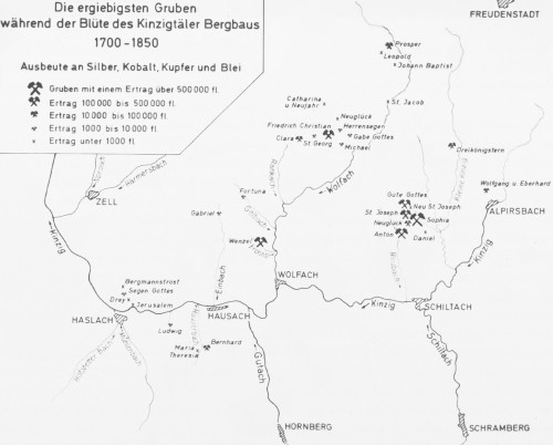 Karte: Bergwerke und deren Ausbeute im oberen Kinzigtal und den Seitentälern