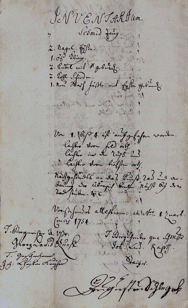 Bergrechnung des Dreikönigsterns, Quartal Crucis 1754, Seite mit Augustin Schlegels Unterschrift
